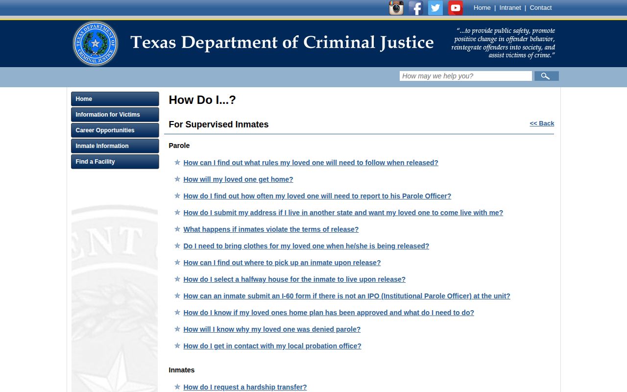 Texas Department of Criminal Justice release procedure information