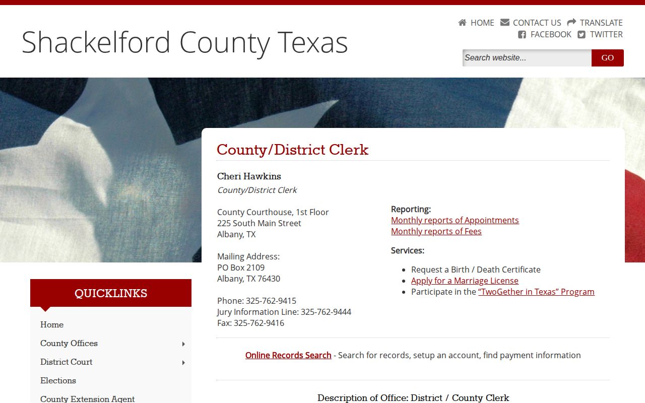 Official Shackelford County and District Clerk page