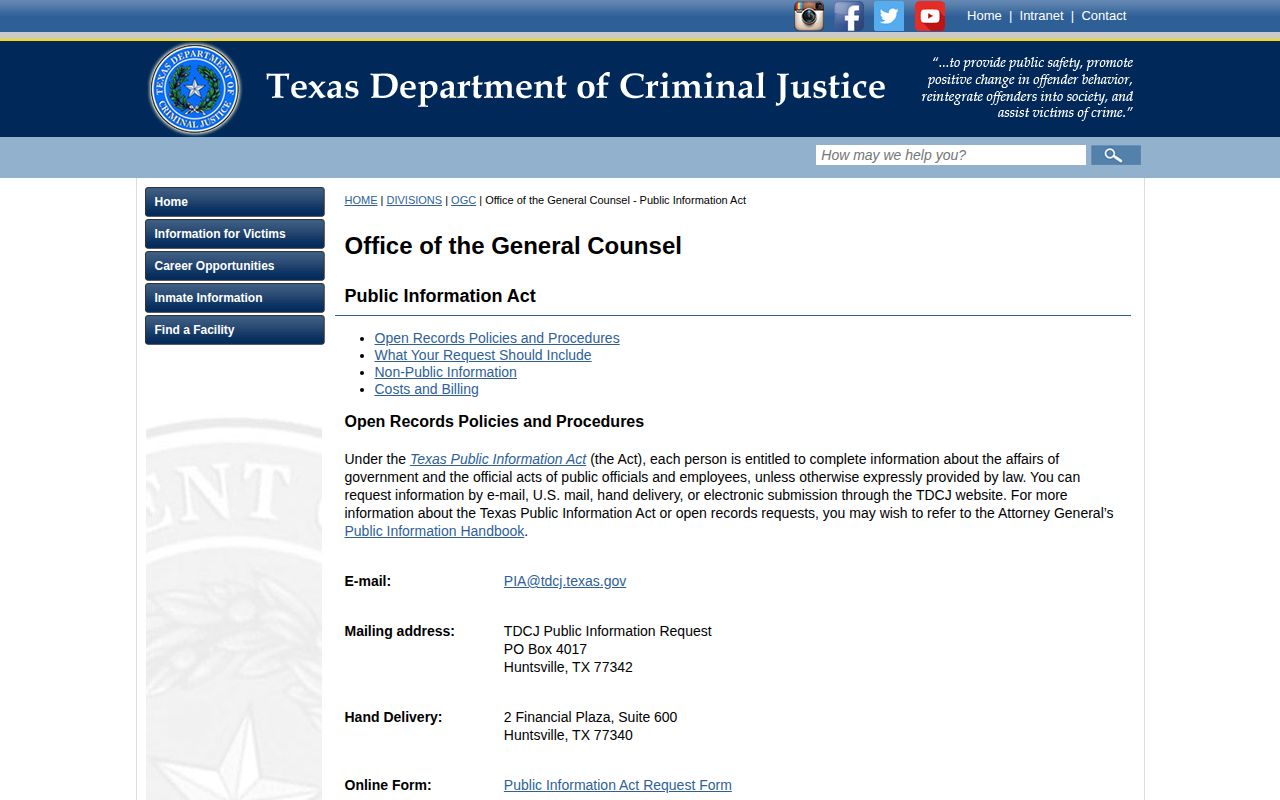 TDCJ public information request page for release records